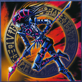 Image of the Dark Magician of Chaos card from Yu-Gi-Oh Duel Monsters, it is a cool gangly jester wearing black leather with a lot of red buckles and chains. They have long, black, spikey hair, a swirly magical staff, and are posed in front of a ring of mys